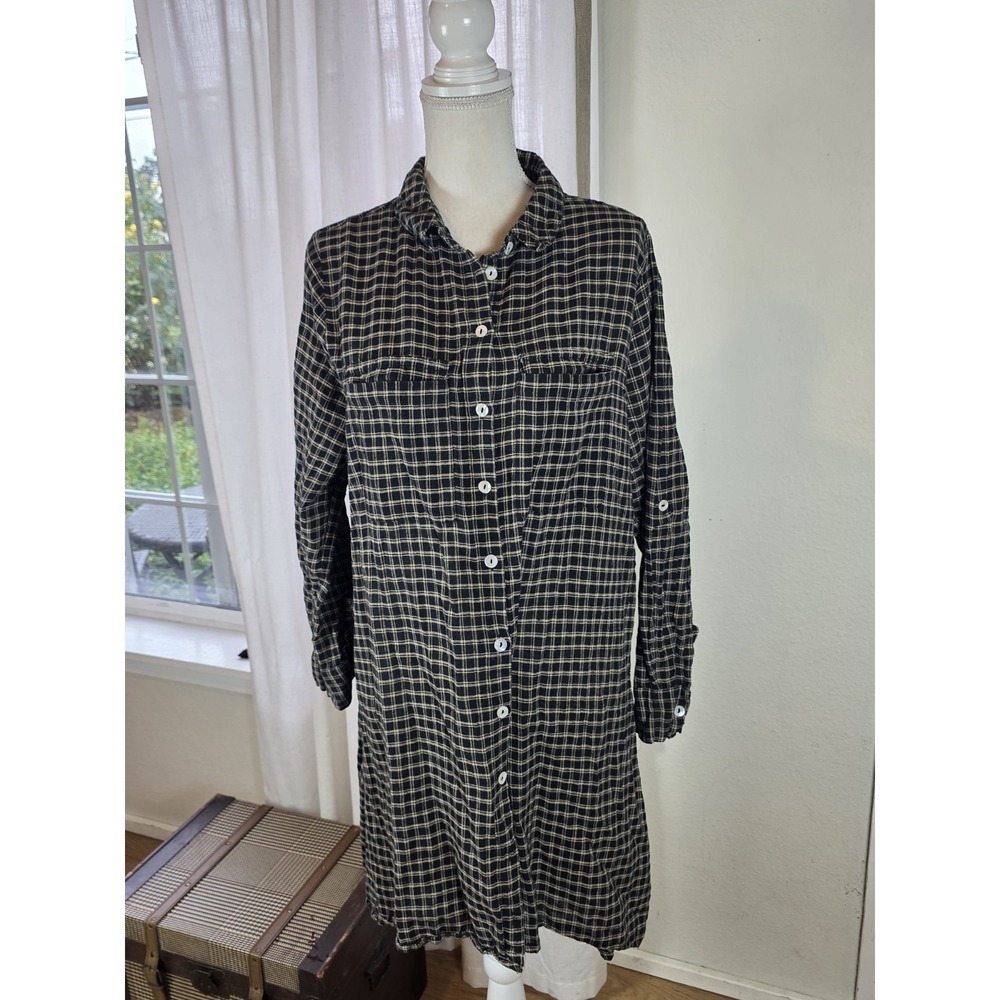 World Market Dress Free Size‎ Short Plaid Button Down Cotton Blend Black Tan
